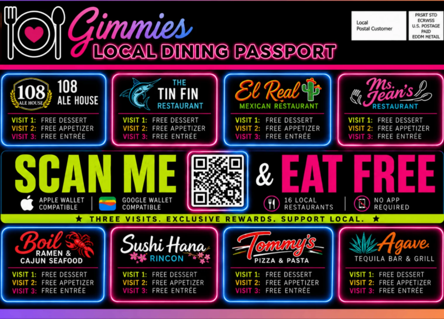 GIMMIES Local Dining Passport postcard artwork with restaurant reward rows and a scan-to-eat-free panel