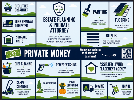 GIMMIES Local Home Pros Playbook postcard artwork showing home-service categories and a QR code