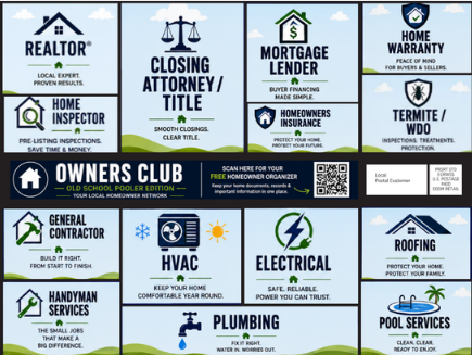 GIMMIES Local Home Pros Playbook postcard artwork showing home-service categories, offers, and a QR code