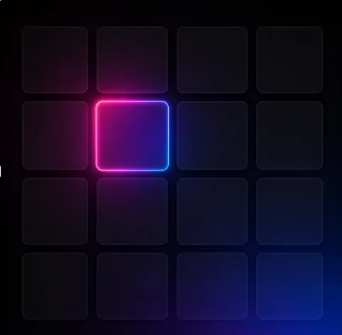 Bright neon grid of dark tiles glowing pink, purple, and electric blue